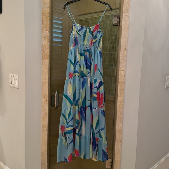 Oliphant Smocked Back Blue Botanica Maxi Dress; Size XS - Picture 3 of 7